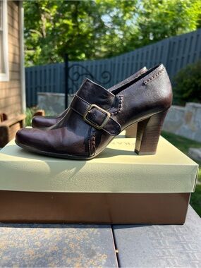 Franco Sarto Dark Brown Leather Buckle Heeled Pumps